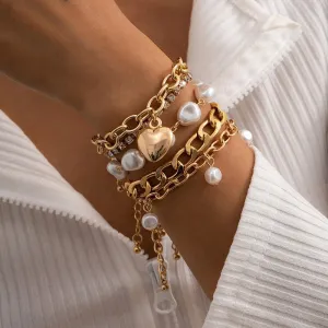 High Fashion Rhinestone Pearl, Chain, and Lock Multilayer Bracelet