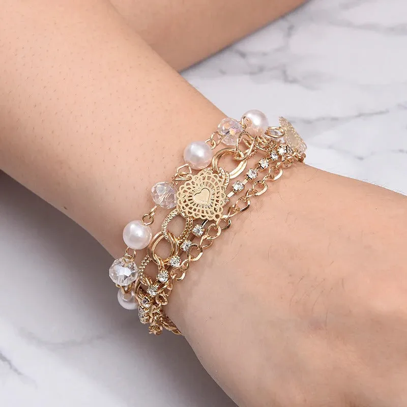 High Fashion Rhinestone Pearl, Chain, and Lock Multilayer Bracelet