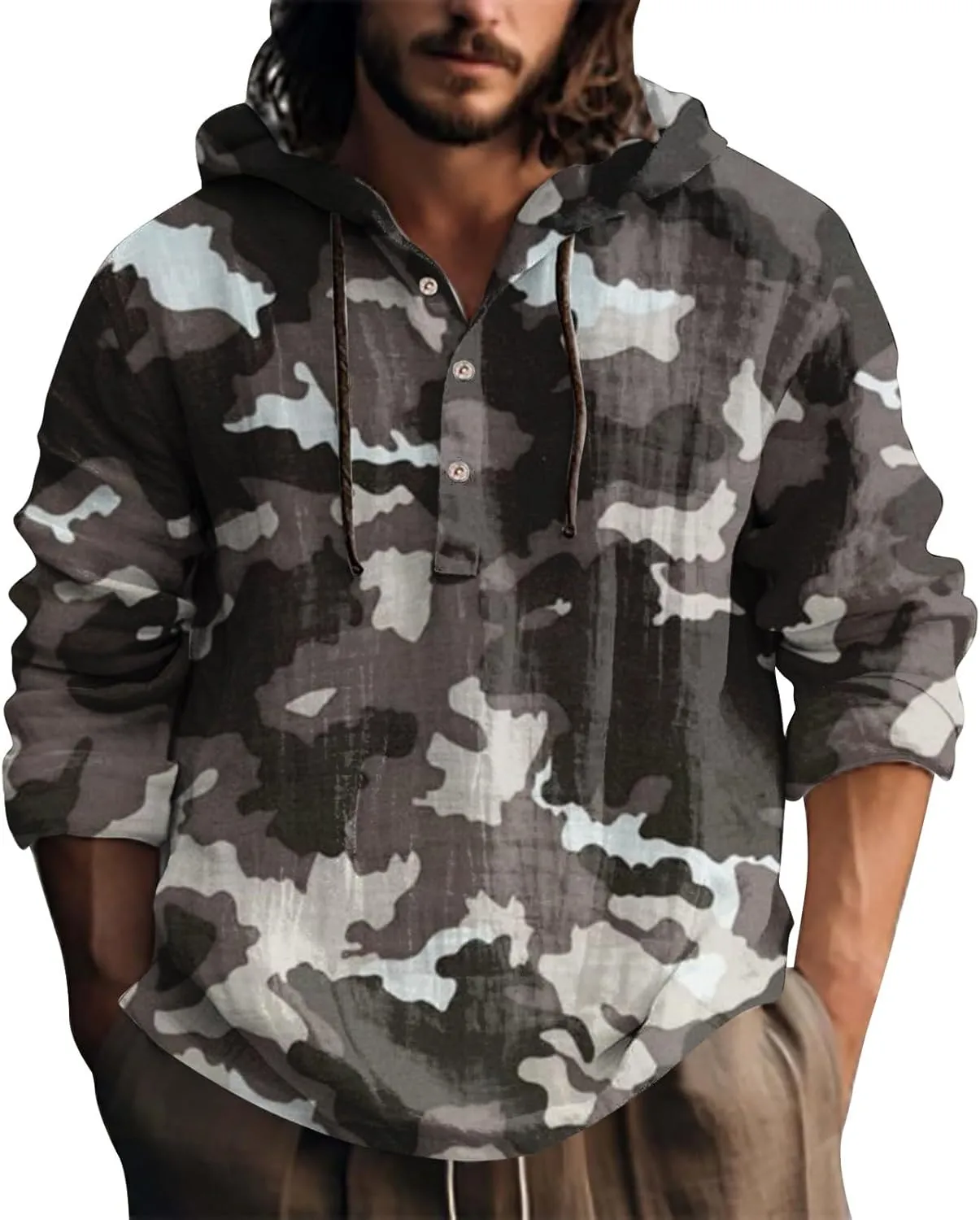Hoodie for Men Drawstring Casual Beach Shirt Men's Casual Fashion Hooded Spring and Long Sleeve Hippie Men's