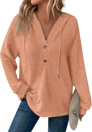 Hoodies for Women Button V Neck Waffle Knit Tops Long Sleeve Shirts Fall Casual Comfy Pullover Sweatshirt Hooded Tops