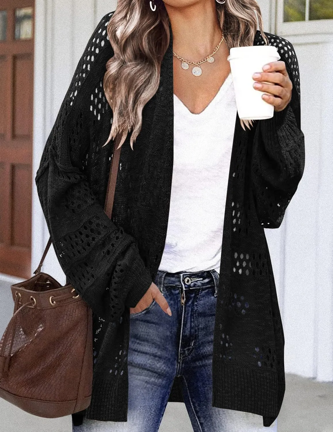 HOTOUCH Lightweight Crochet Cardigan for Women Long Sleeve Open Front Knit Oversized Cardigans Sweaters