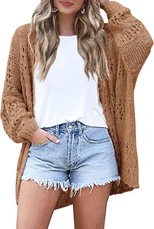 HOTOUCH Lightweight Crochet Cardigan for Women Long Sleeve Open Front Knit Oversized Cardigans Sweaters