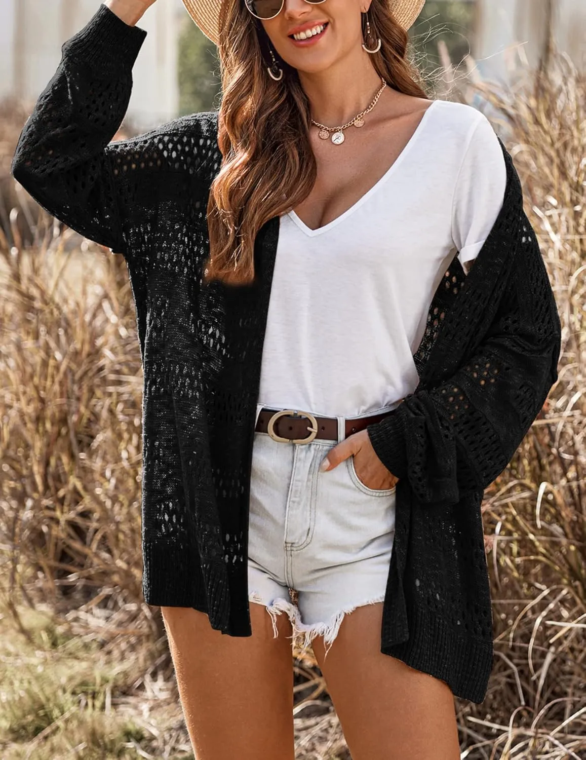 HOTOUCH Lightweight Crochet Cardigan for Women Long Sleeve Open Front Knit Oversized Cardigans Sweaters