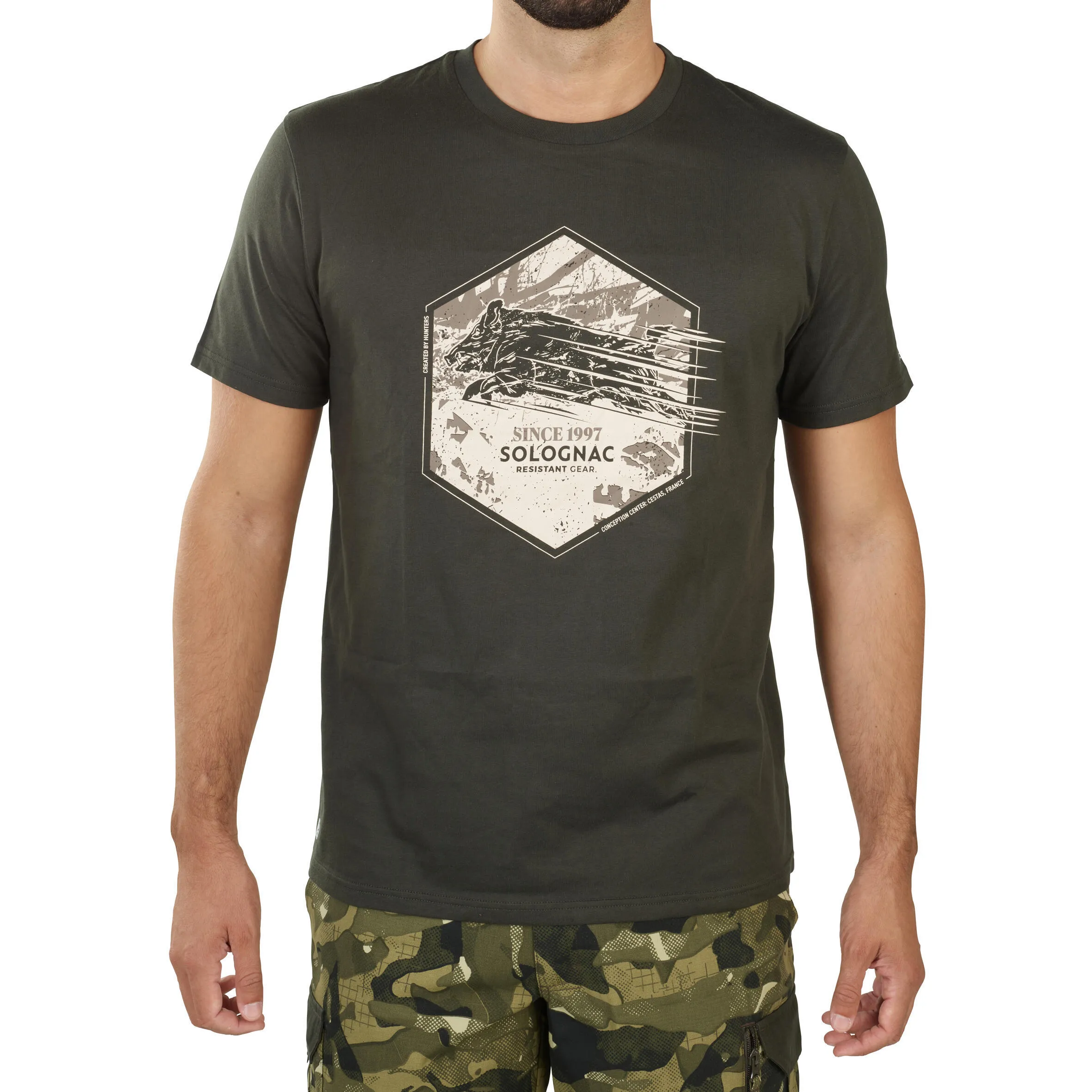 Hunting T-shirt 100% cotton boar green SOLOGNAC, dark green