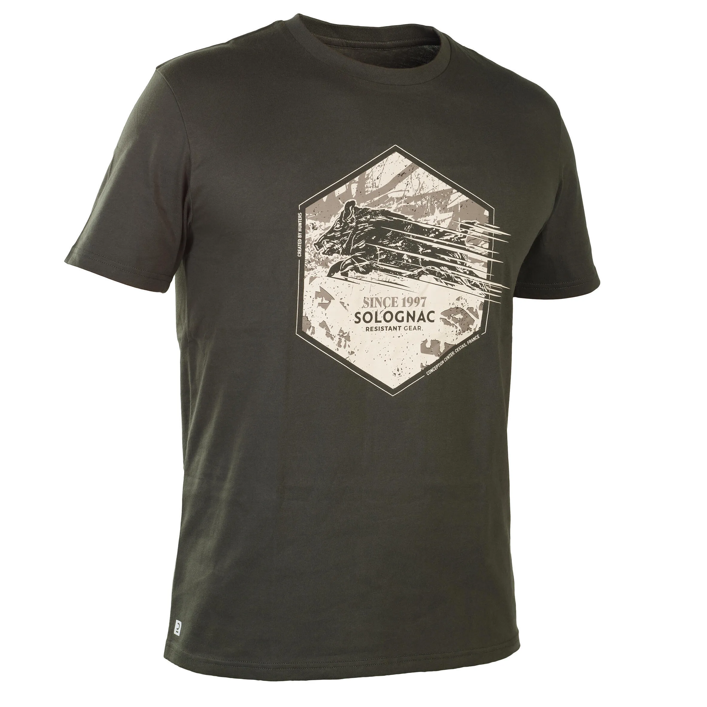Hunting T-shirt 100% cotton boar green SOLOGNAC, dark green