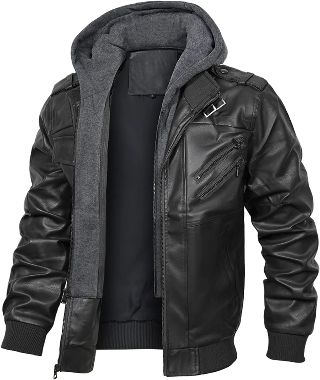 INVACHI Mens Leather Jacket Vintage Motorcycle Biker Jackets Faux Leather Outwear with Removable Hood