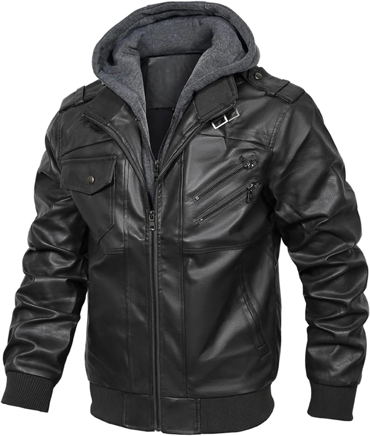 INVACHI Mens Leather Jacket Vintage Motorcycle Biker Jackets Faux Leather Outwear with Removable Hood