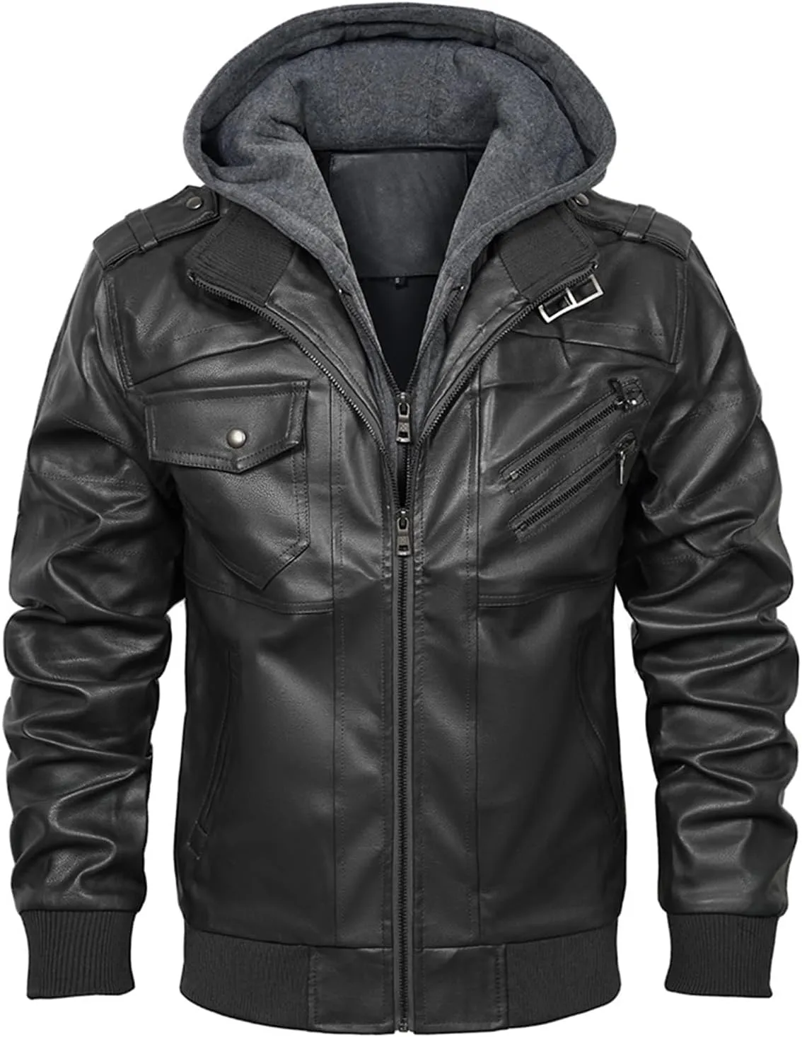 INVACHI Mens Leather Jacket Vintage Motorcycle Biker Jackets Faux Leather Outwear with Removable Hood