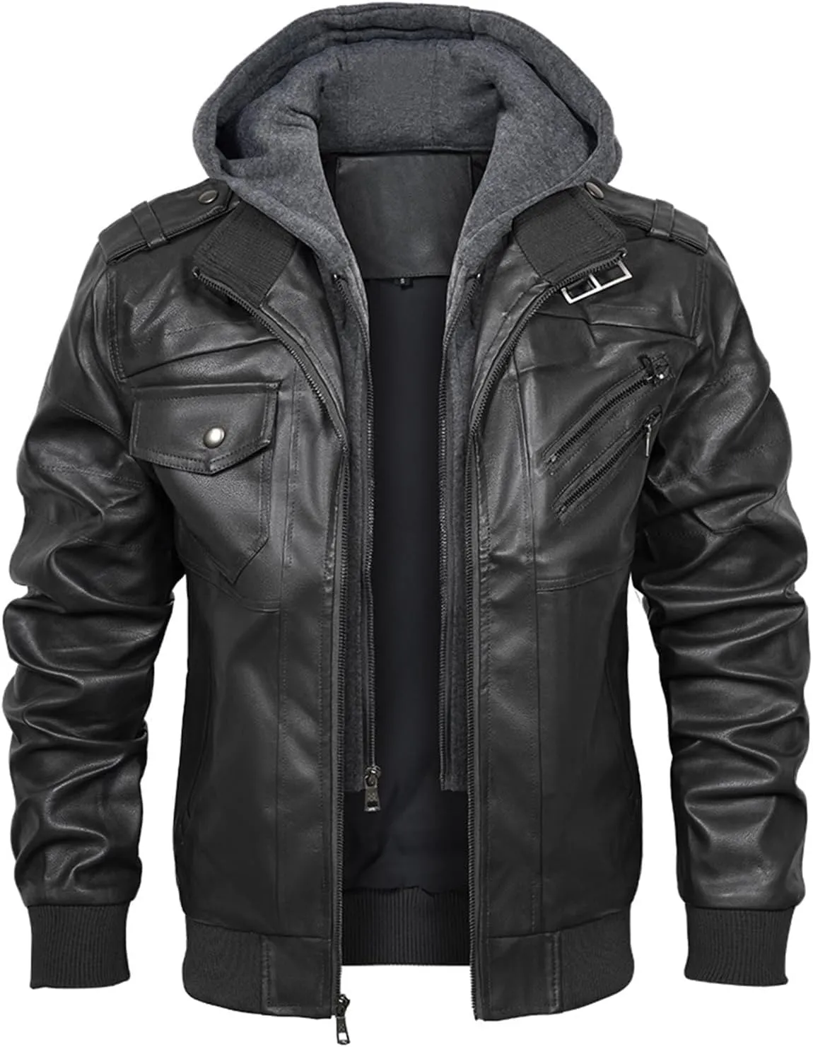 INVACHI Mens Leather Jacket Vintage Motorcycle Biker Jackets Faux Leather Outwear with Removable Hood