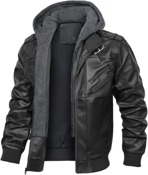 INVACHI Mens Leather Jacket Vintage Motorcycle Biker Jackets Faux Leather Outwear with Removable Hood