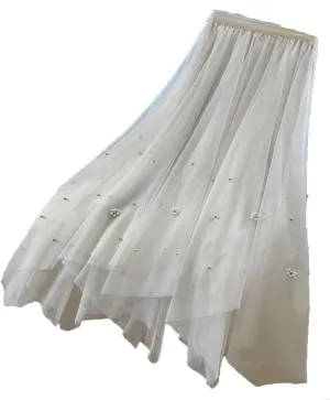 Irregular Tulle Midi Skirt Women Vintage Elegant Beading Mesh Pleated Skirts Korean Casual A Line Skirts