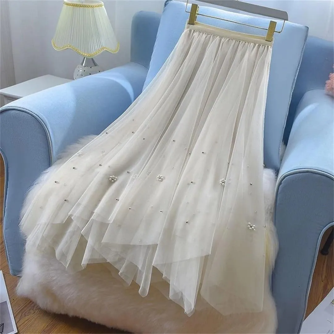 Irregular Tulle Midi Skirt Women Vintage Elegant Beading Mesh Pleated Skirts Korean Casual A Line Skirts