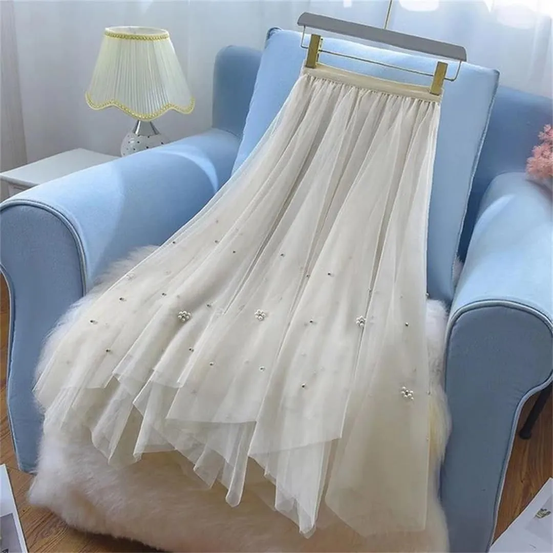 Irregular Tulle Midi Skirt Women Vintage Elegant Beading Mesh Pleated Skirts Korean Casual A Line Skirts
