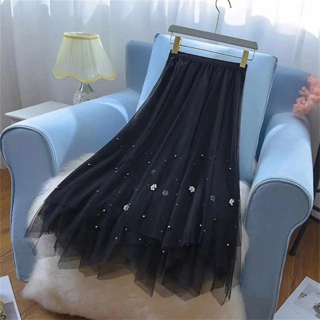 Irregular Tulle Midi Skirt Women Vintage Elegant Beading Mesh Pleated Skirts Korean Casual A Line Skirts