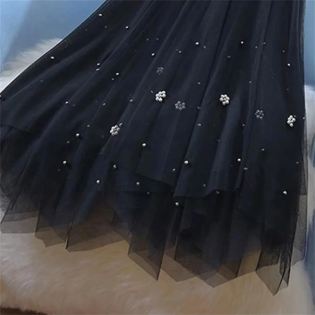 Irregular Tulle Midi Skirt Women Vintage Elegant Beading Mesh Pleated Skirts Korean Casual A Line Skirts