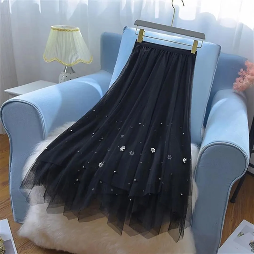 Irregular Tulle Midi Skirt Women Vintage Elegant Beading Mesh Pleated Skirts Korean Casual A Line Skirts