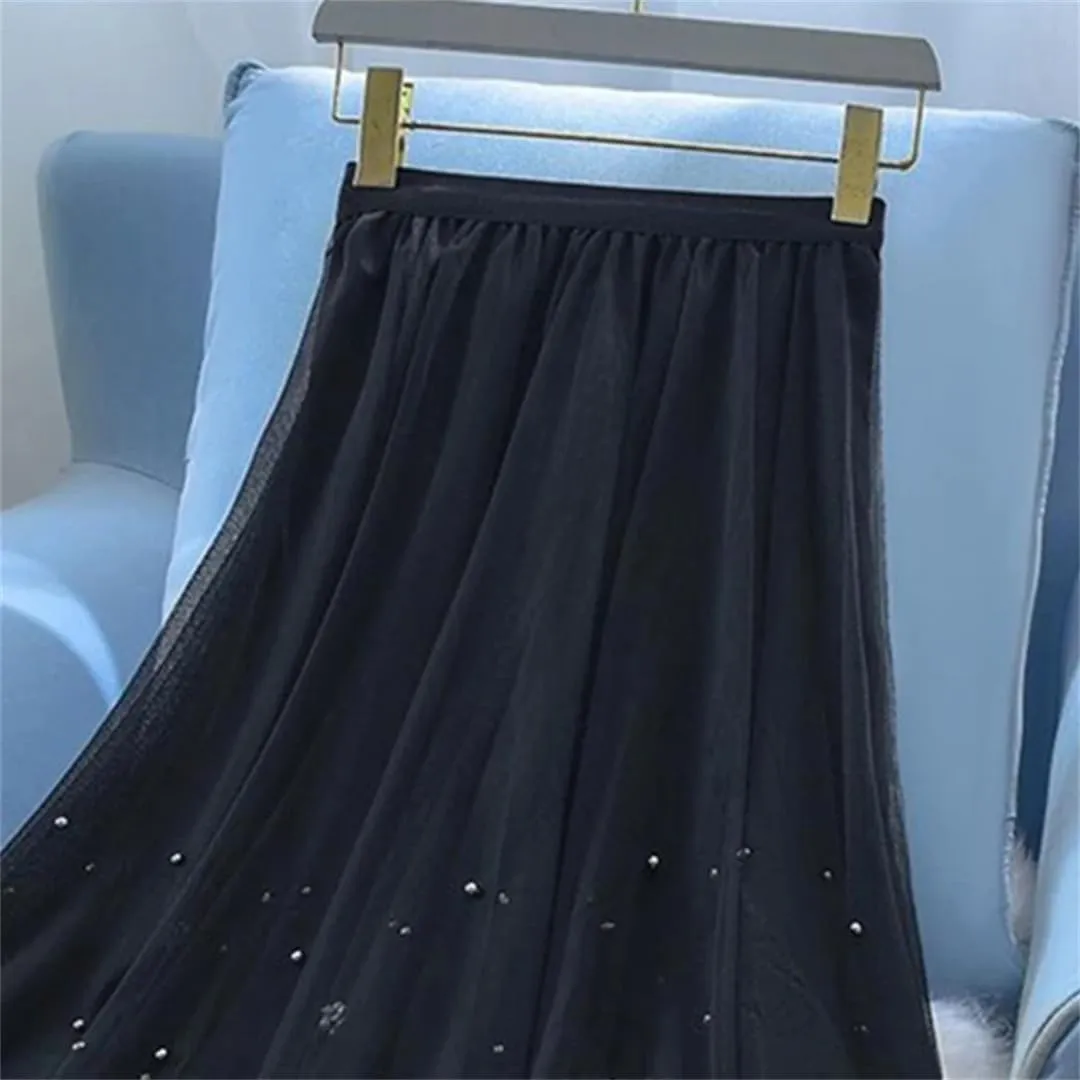 Irregular Tulle Midi Skirt Women Vintage Elegant Beading Mesh Pleated Skirts Korean Casual A Line Skirts