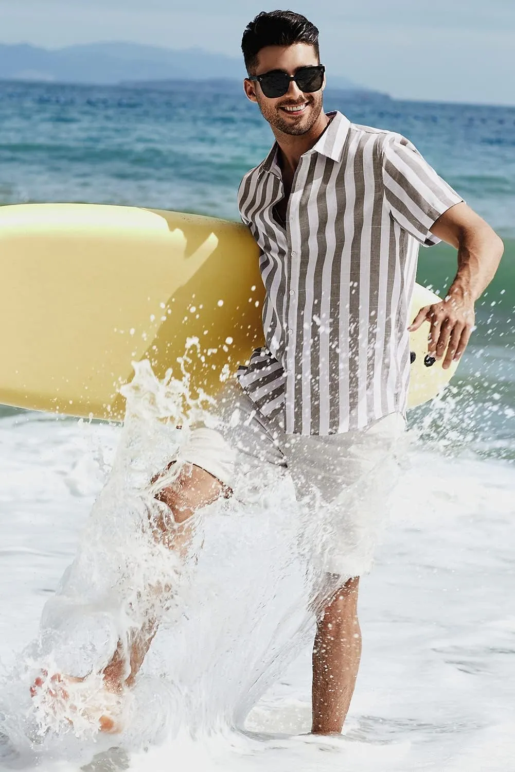 JMIERR Men's Casual Stylish Short Sleeve Button-Up Striped Dress Shirts Cotton Beach Shirt