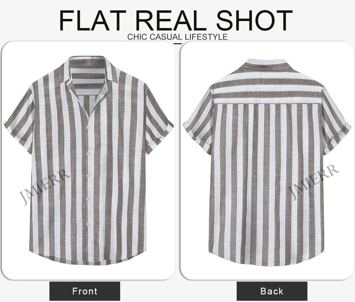 JMIERR Men's Casual Stylish Short Sleeve Button-Up Striped Dress Shirts Cotton Beach Shirt