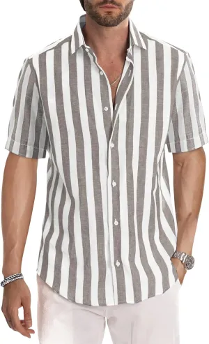 JMIERR Men's Casual Stylish Short Sleeve Button-Up Striped Dress Shirts Cotton Beach Shirt