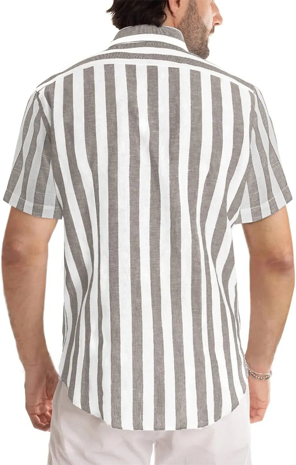 JMIERR Men's Casual Stylish Short Sleeve Button-Up Striped Dress Shirts Cotton Beach Shirt