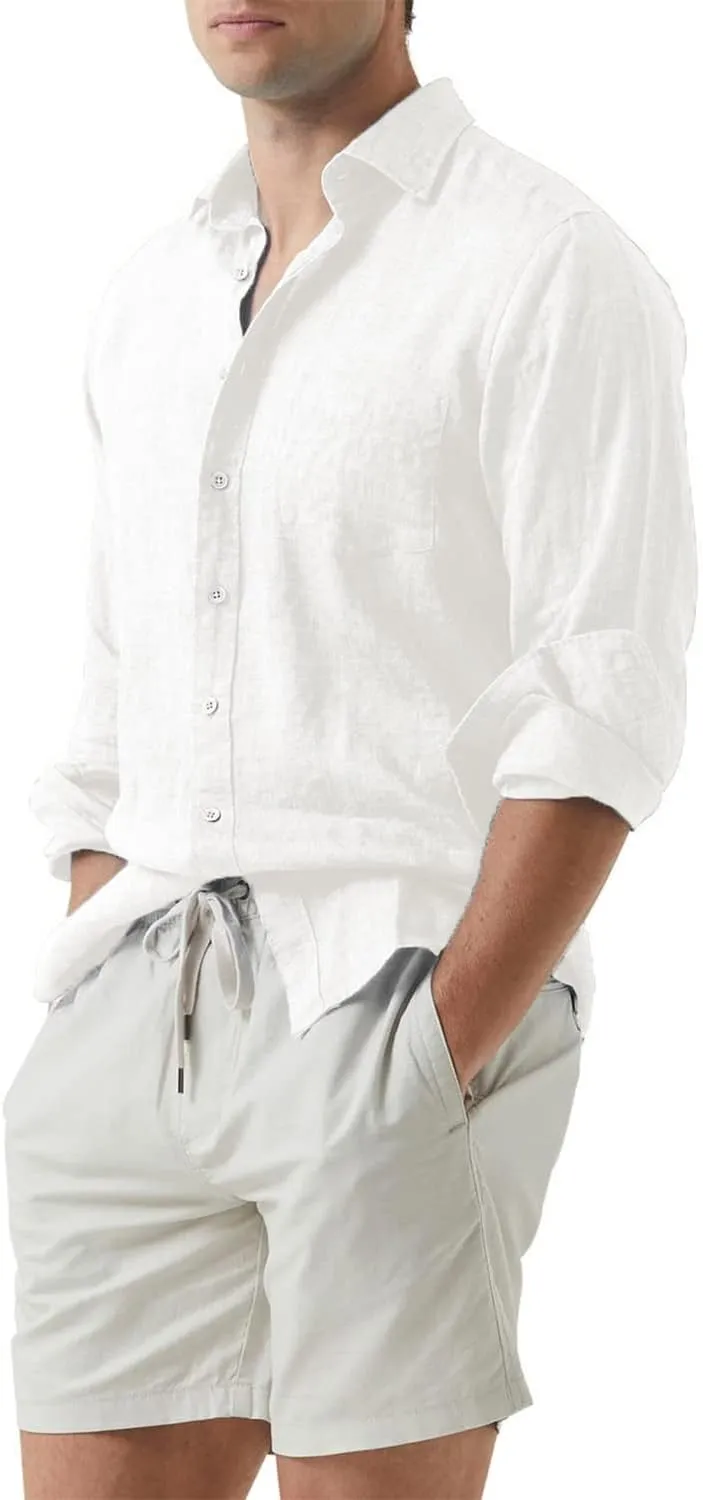 JMIERR Mens Cotton Linen Casual Stylish Button Down Shirt Long Sleeve Dress Shirts