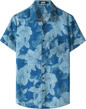 JOGAL Mens Floral Hawaiian Shirt Front Pocket Casual Aloha Shirts