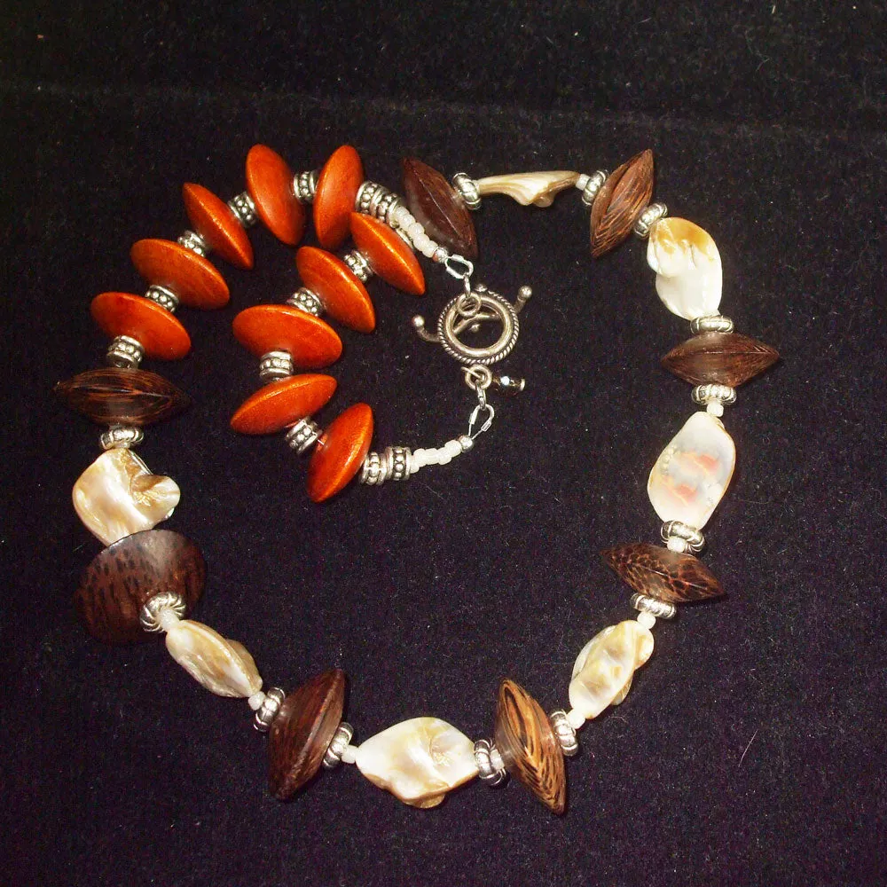 Kalene, Single Strand Mother of Pearl Chip Beads, Wooden Bicone Beads, Necklace