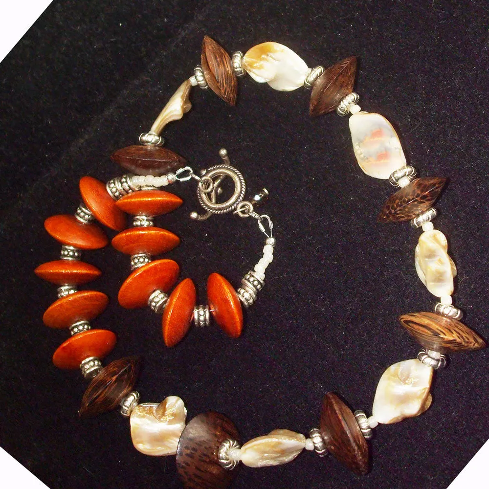 Kalene, Single Strand Mother of Pearl Chip Beads, Wooden Bicone Beads, Necklace