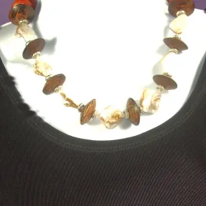 Kalene, Single Strand Mother of Pearl Chip Beads, Wooden Bicone Beads, Necklace