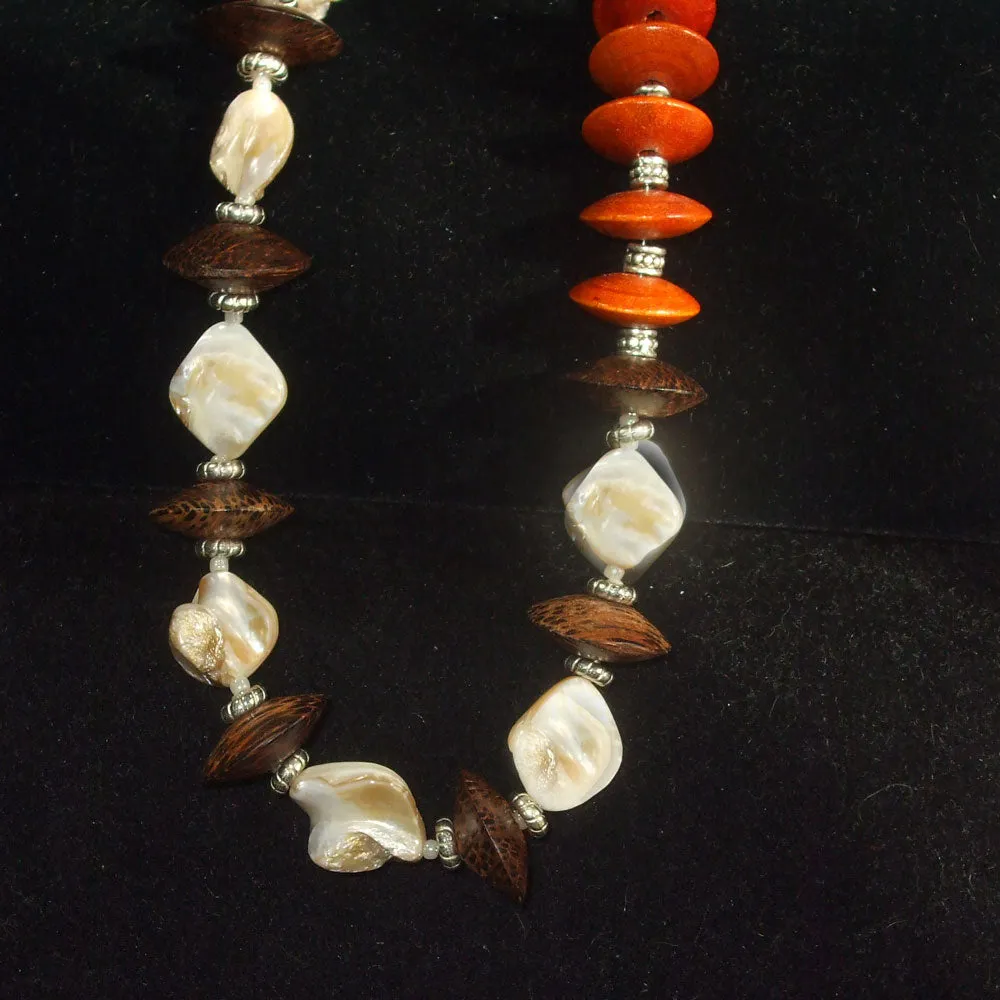 Kalene, Single Strand Mother of Pearl Chip Beads, Wooden Bicone Beads, Necklace