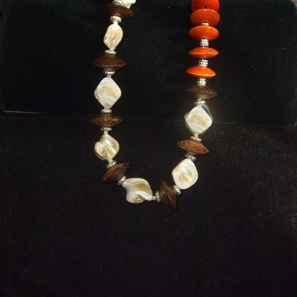 Kalene, Single Strand Mother of Pearl Chip Beads, Wooden Bicone Beads, Necklace