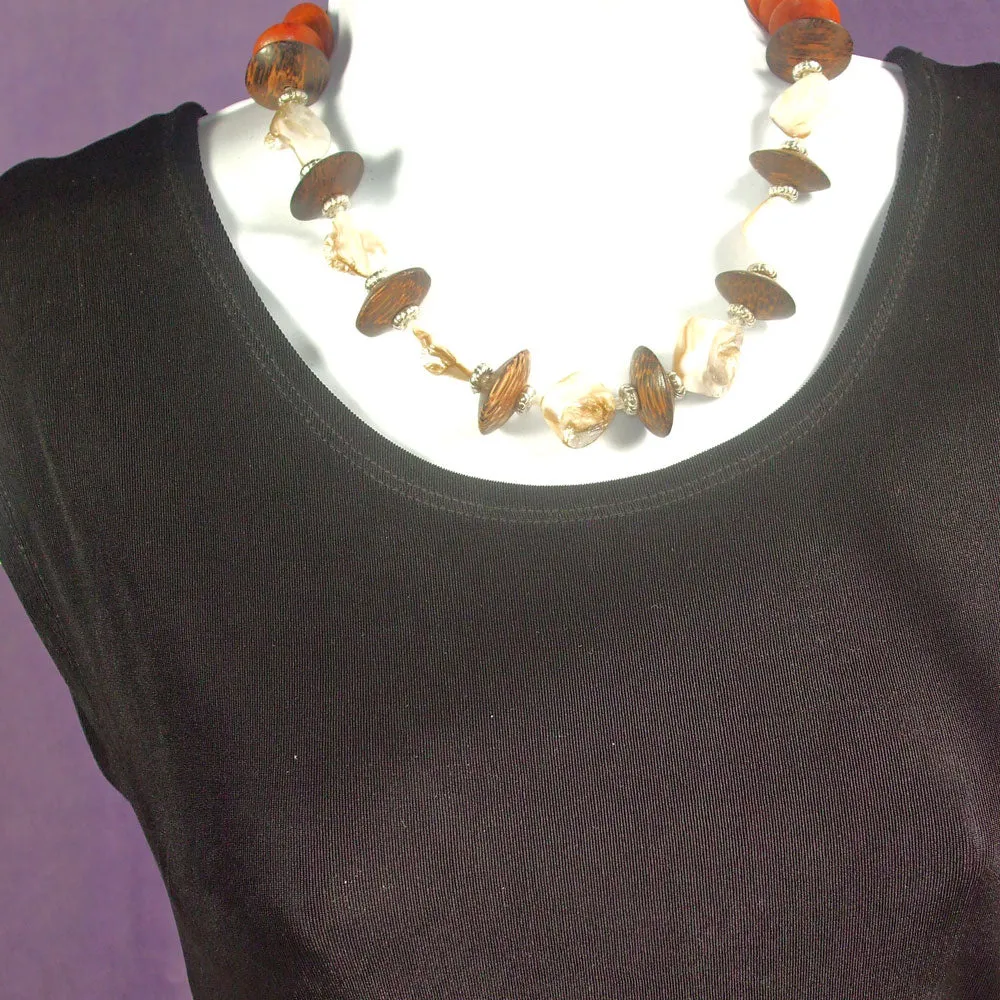 Kalene, Single Strand Mother of Pearl Chip Beads, Wooden Bicone Beads, Necklace