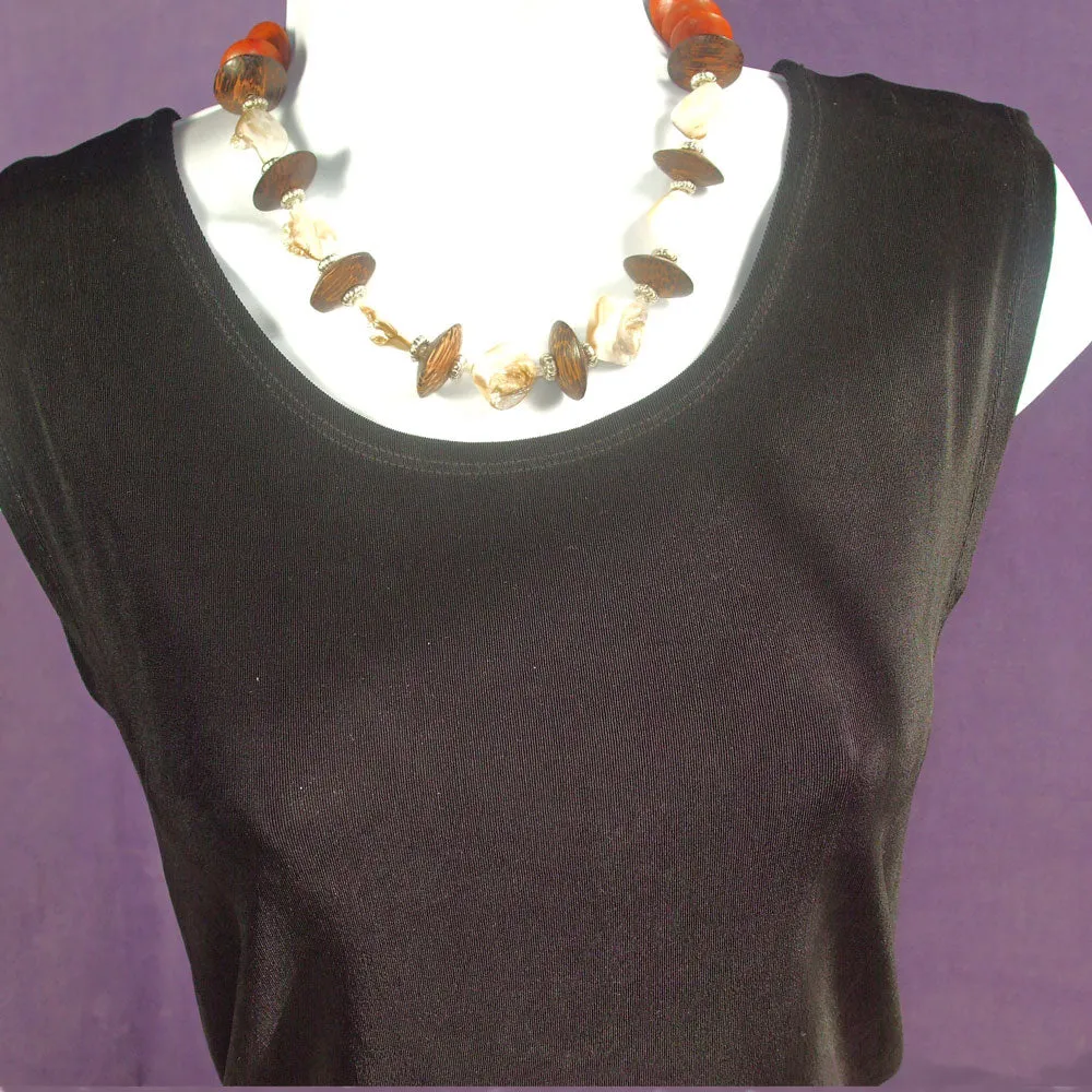 Kalene, Single Strand Mother of Pearl Chip Beads, Wooden Bicone Beads, Necklace