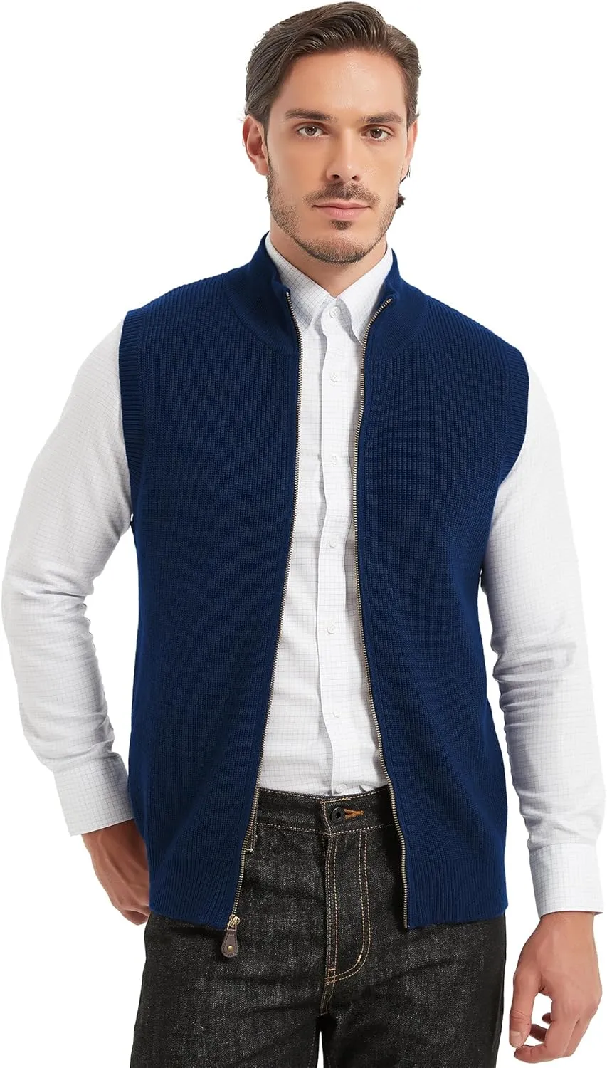 Kallspin Mens Thick Wool Blend Sleeveless Cardigans Full Zip Up Knitted Sweater Vest Casual Outerwear