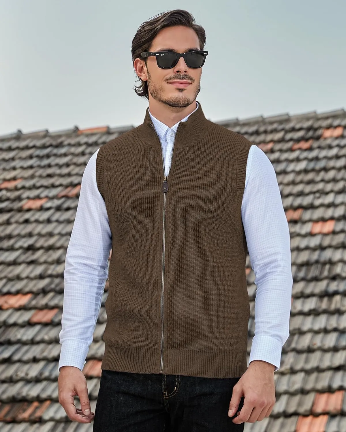 Kallspin Mens Thick Wool Blend Sleeveless Cardigans Full Zip Up Knitted Sweater Vest Casual Outerwear