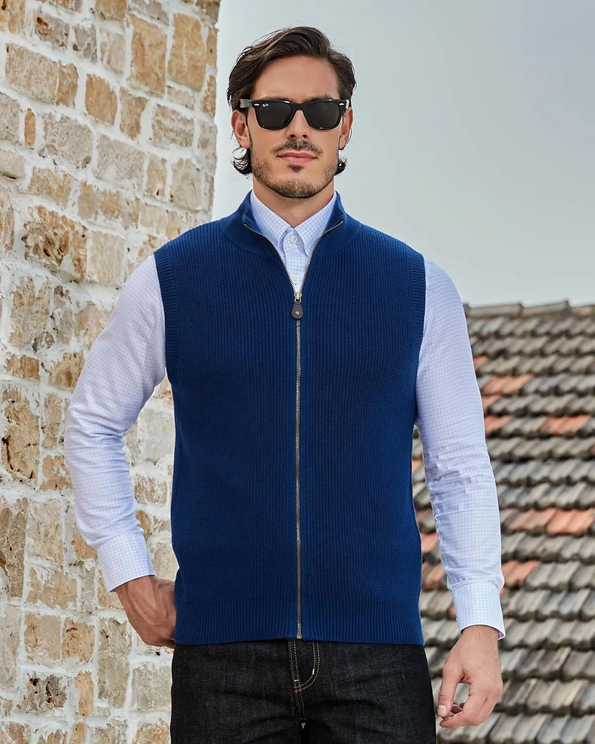 Kallspin Mens Thick Wool Blend Sleeveless Cardigans Full Zip Up Knitted Sweater Vest Casual Outerwear
