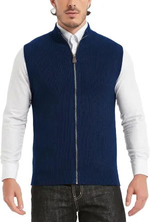 Kallspin Mens Thick Wool Blend Sleeveless Cardigans Full Zip Up Knitted Sweater Vest Casual Outerwear
