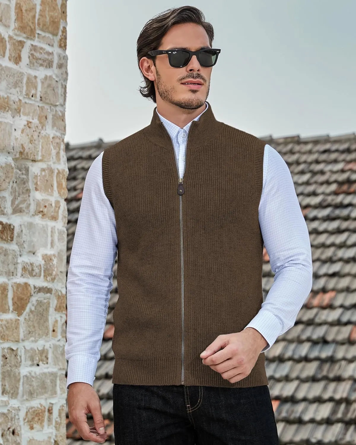 Kallspin Mens Thick Wool Blend Sleeveless Cardigans Full Zip Up Knitted Sweater Vest Casual Outerwear