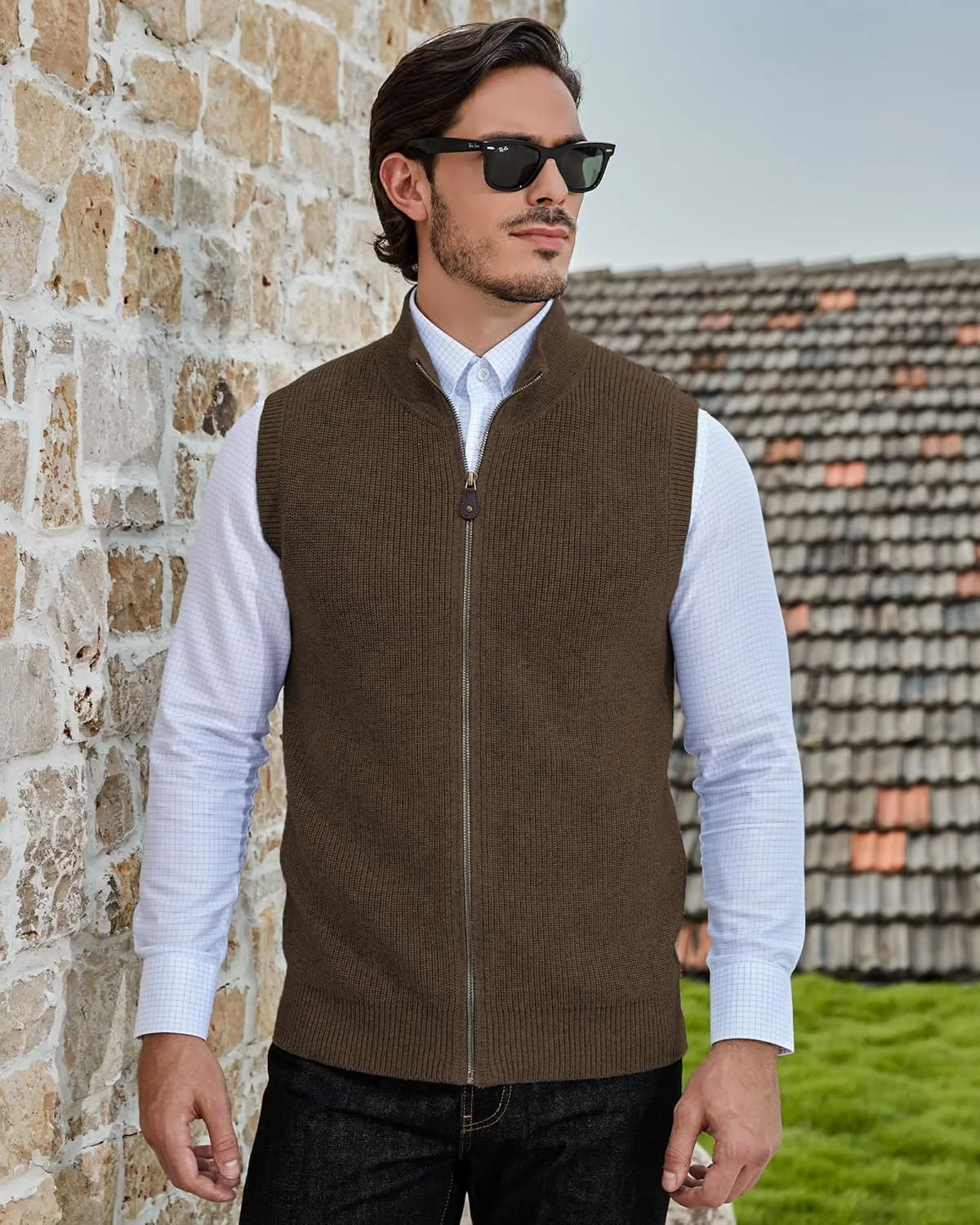 Kallspin Mens Thick Wool Blend Sleeveless Cardigans Full Zip Up Knitted Sweater Vest Casual Outerwear