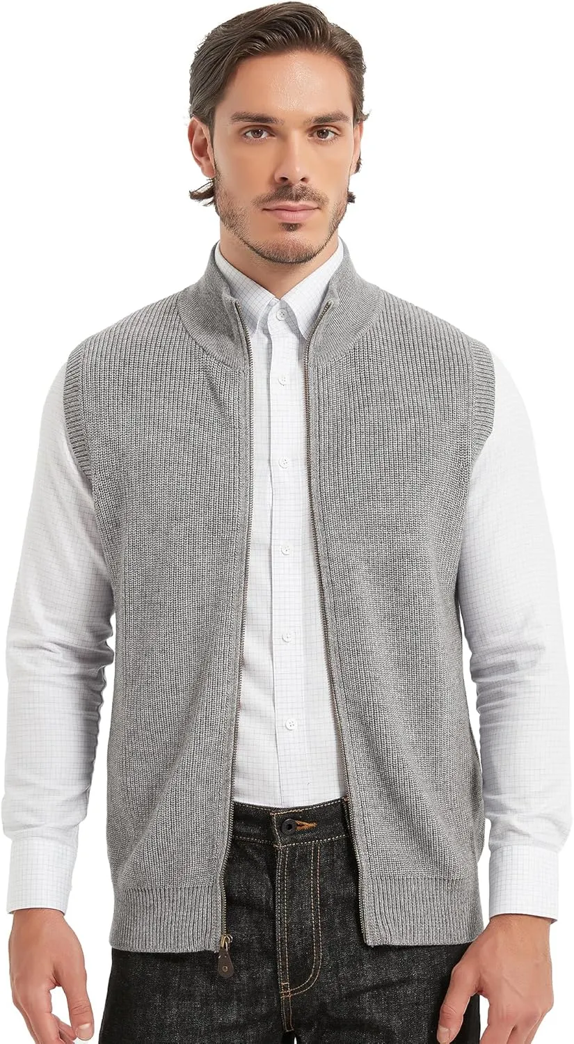 Kallspin Mens Thick Wool Blend Sleeveless Cardigans Full Zip Up Knitted Sweater Vest Casual Outerwear