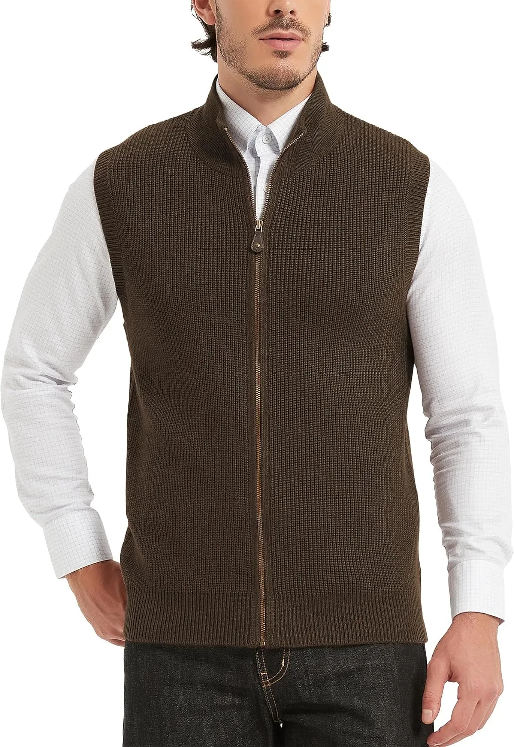 Kallspin Mens Thick Wool Blend Sleeveless Cardigans Full Zip Up Knitted Sweater Vest Casual Outerwear
