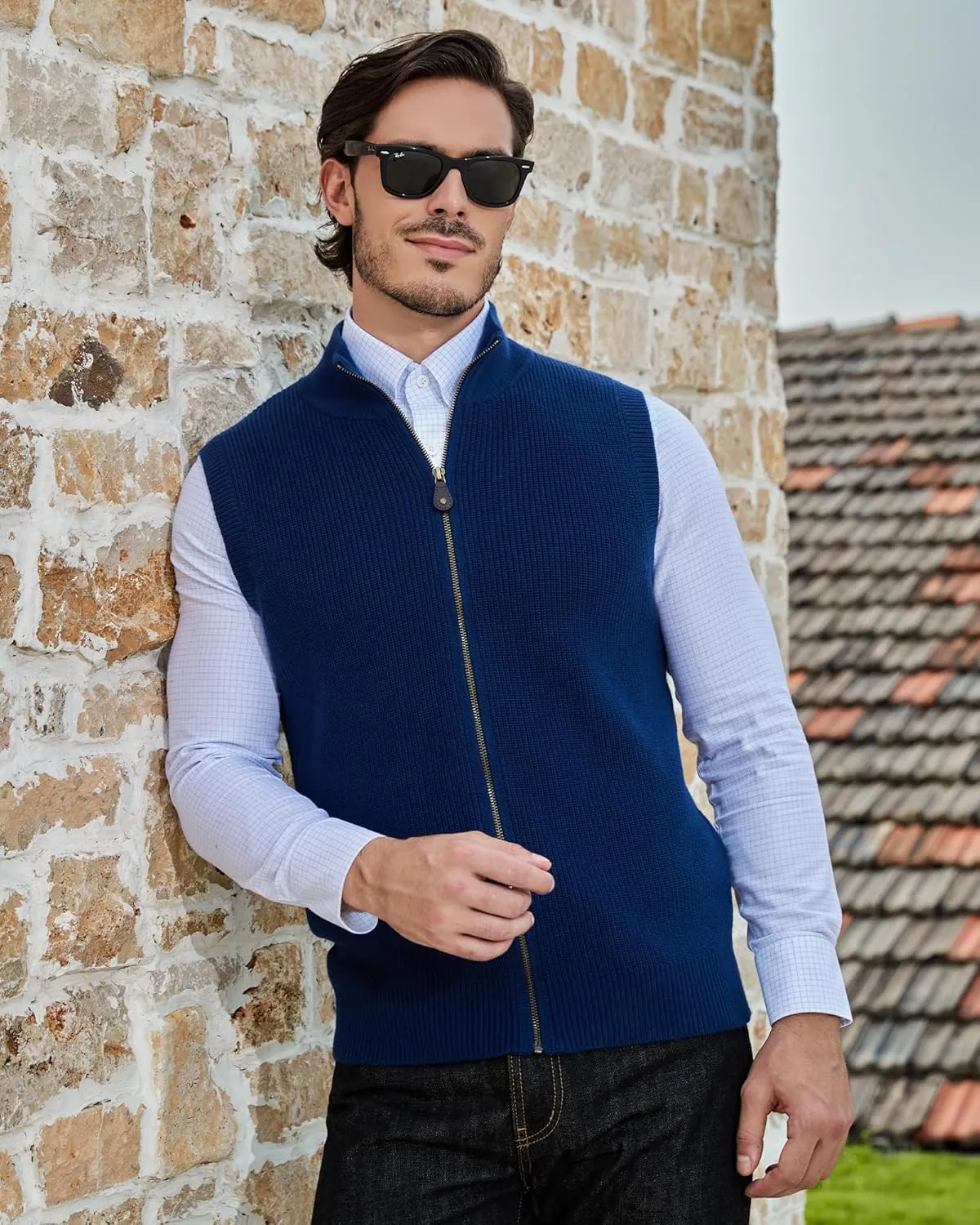 Kallspin Mens Thick Wool Blend Sleeveless Cardigans Full Zip Up Knitted Sweater Vest Casual Outerwear