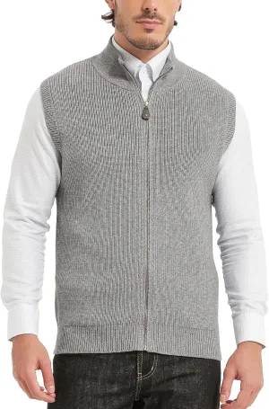 Kallspin Mens Thick Wool Blend Sleeveless Cardigans Full Zip Up Knitted Sweater Vest Casual Outerwear