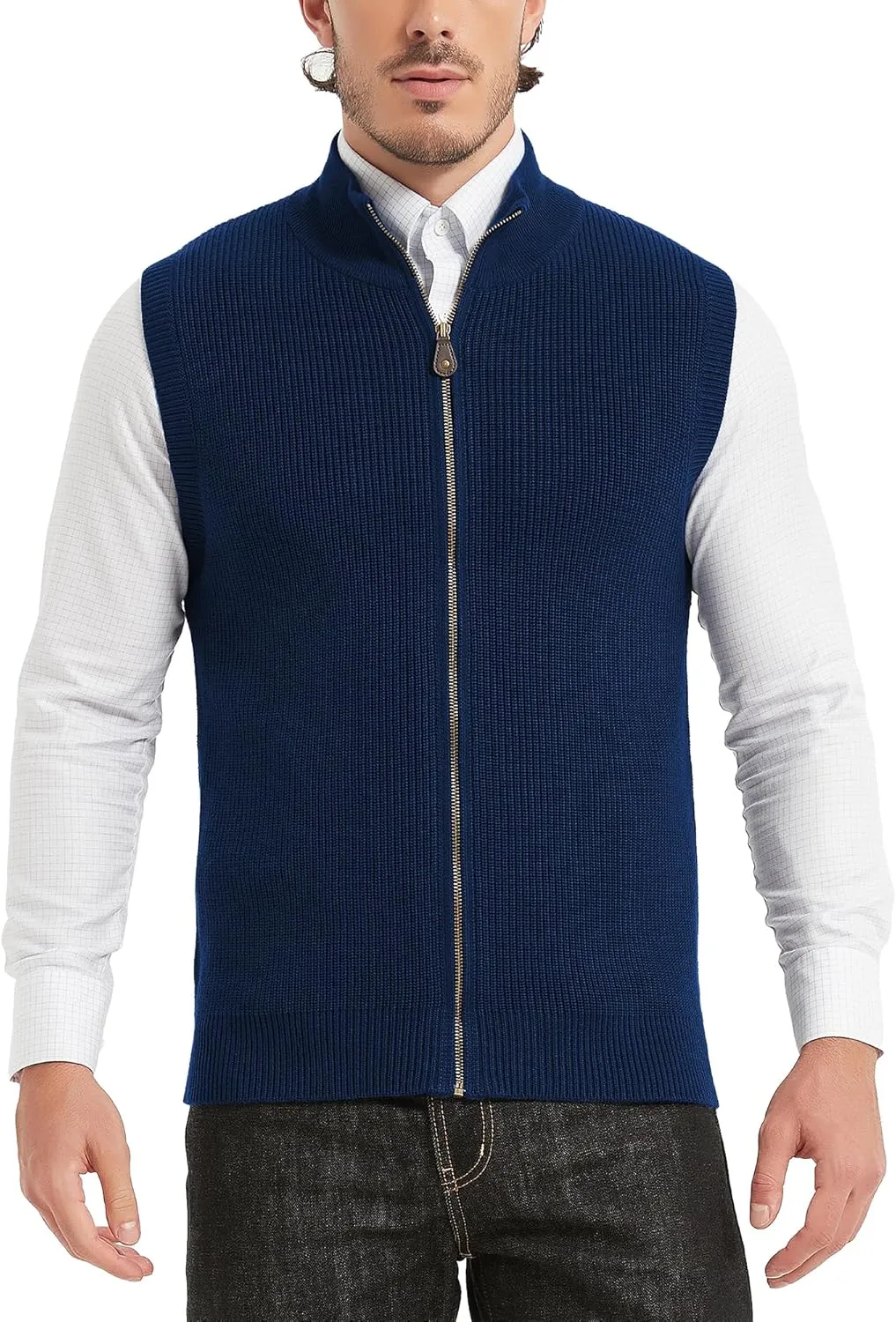 Kallspin Mens Thick Wool Blend Sleeveless Cardigans Full Zip Up Knitted Sweater Vest Casual Outerwear