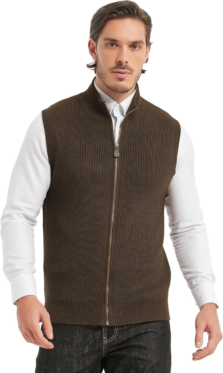 Kallspin Mens Thick Wool Blend Sleeveless Cardigans Full Zip Up Knitted Sweater Vest Casual Outerwear