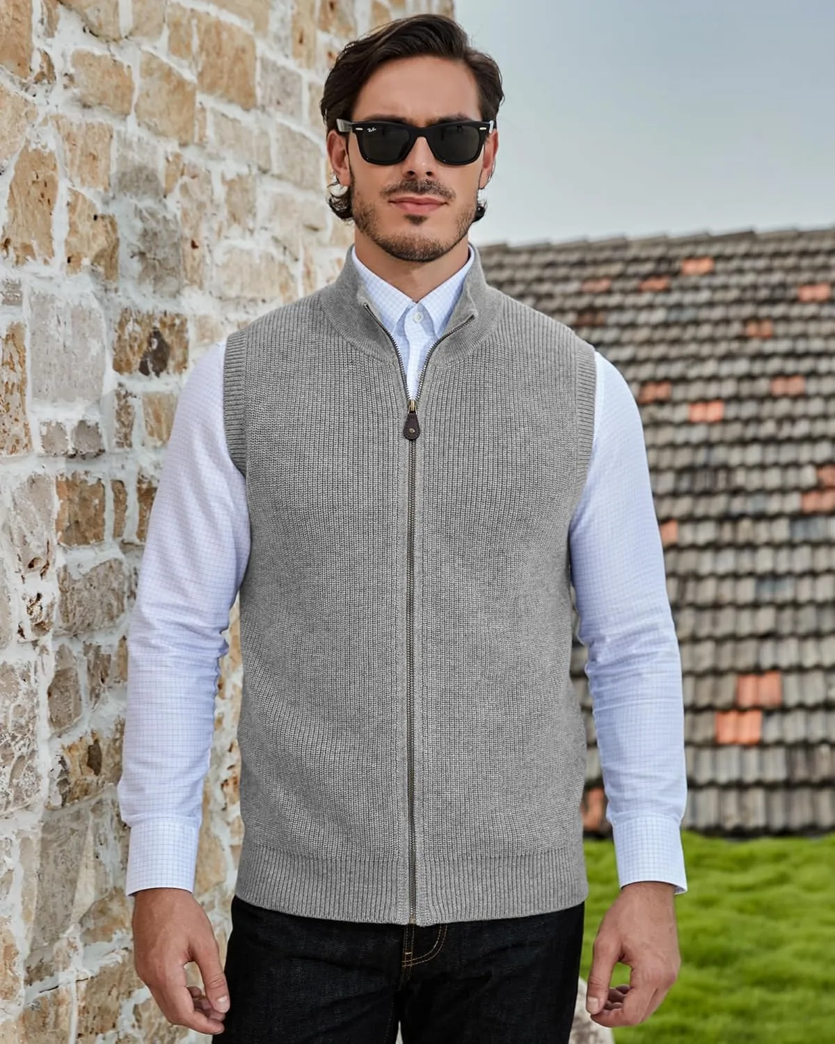 Kallspin Mens Thick Wool Blend Sleeveless Cardigans Full Zip Up Knitted Sweater Vest Casual Outerwear