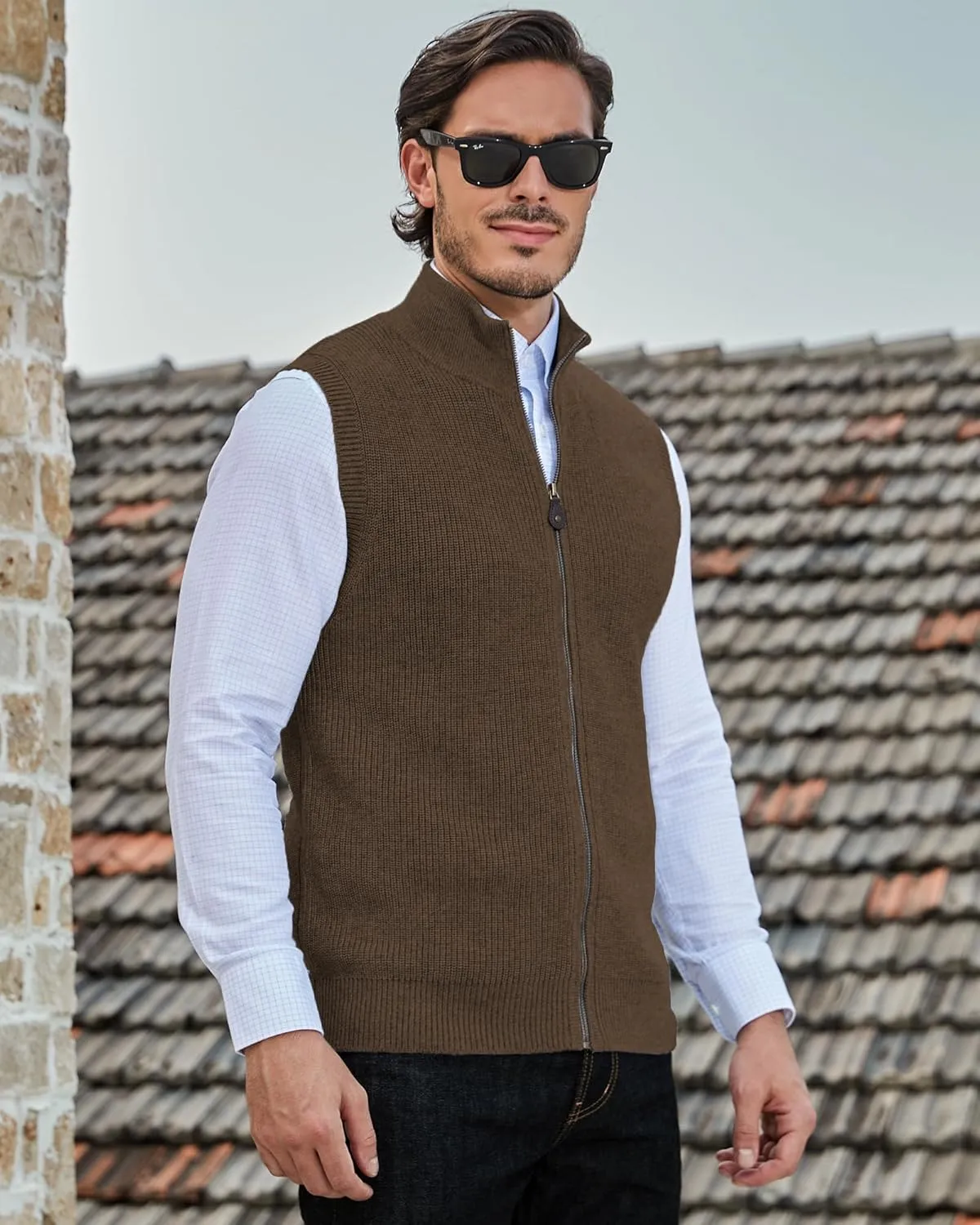 Kallspin Mens Thick Wool Blend Sleeveless Cardigans Full Zip Up Knitted Sweater Vest Casual Outerwear