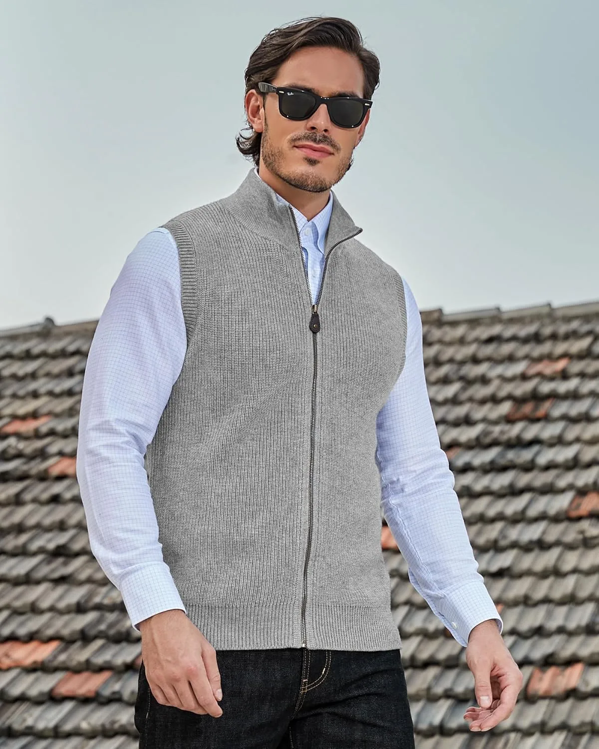 Kallspin Mens Thick Wool Blend Sleeveless Cardigans Full Zip Up Knitted Sweater Vest Casual Outerwear