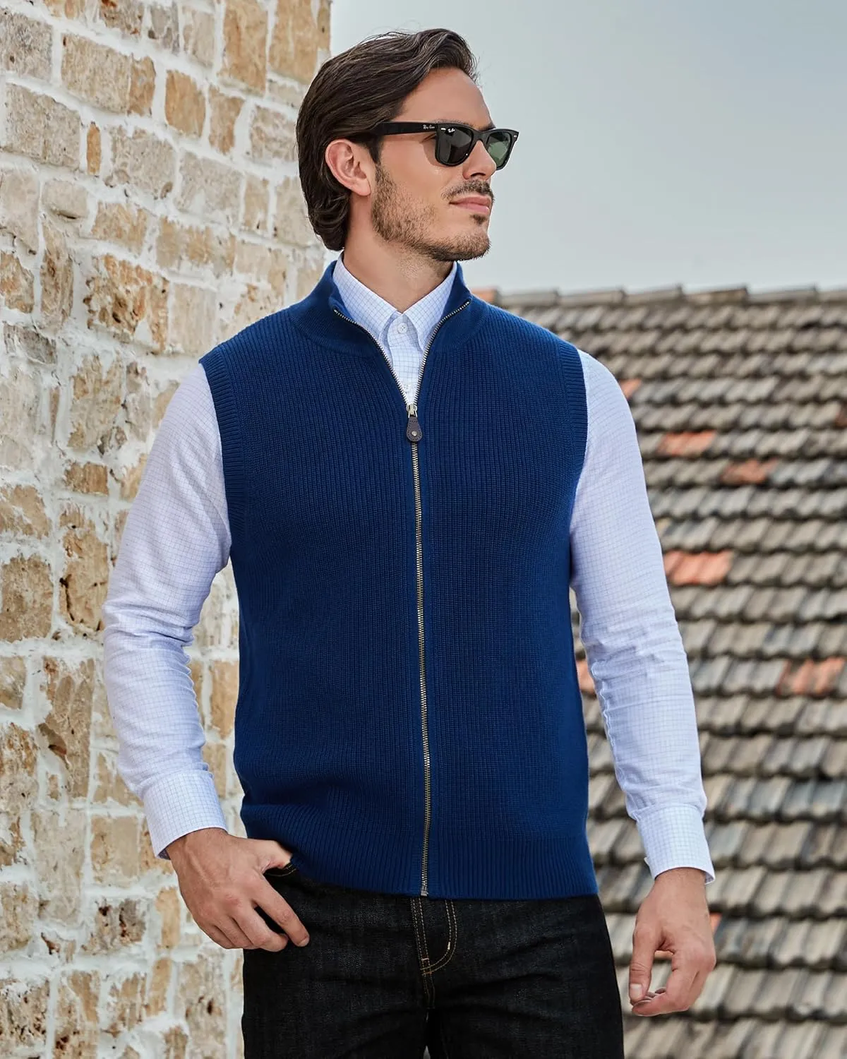 Kallspin Mens Thick Wool Blend Sleeveless Cardigans Full Zip Up Knitted Sweater Vest Casual Outerwear